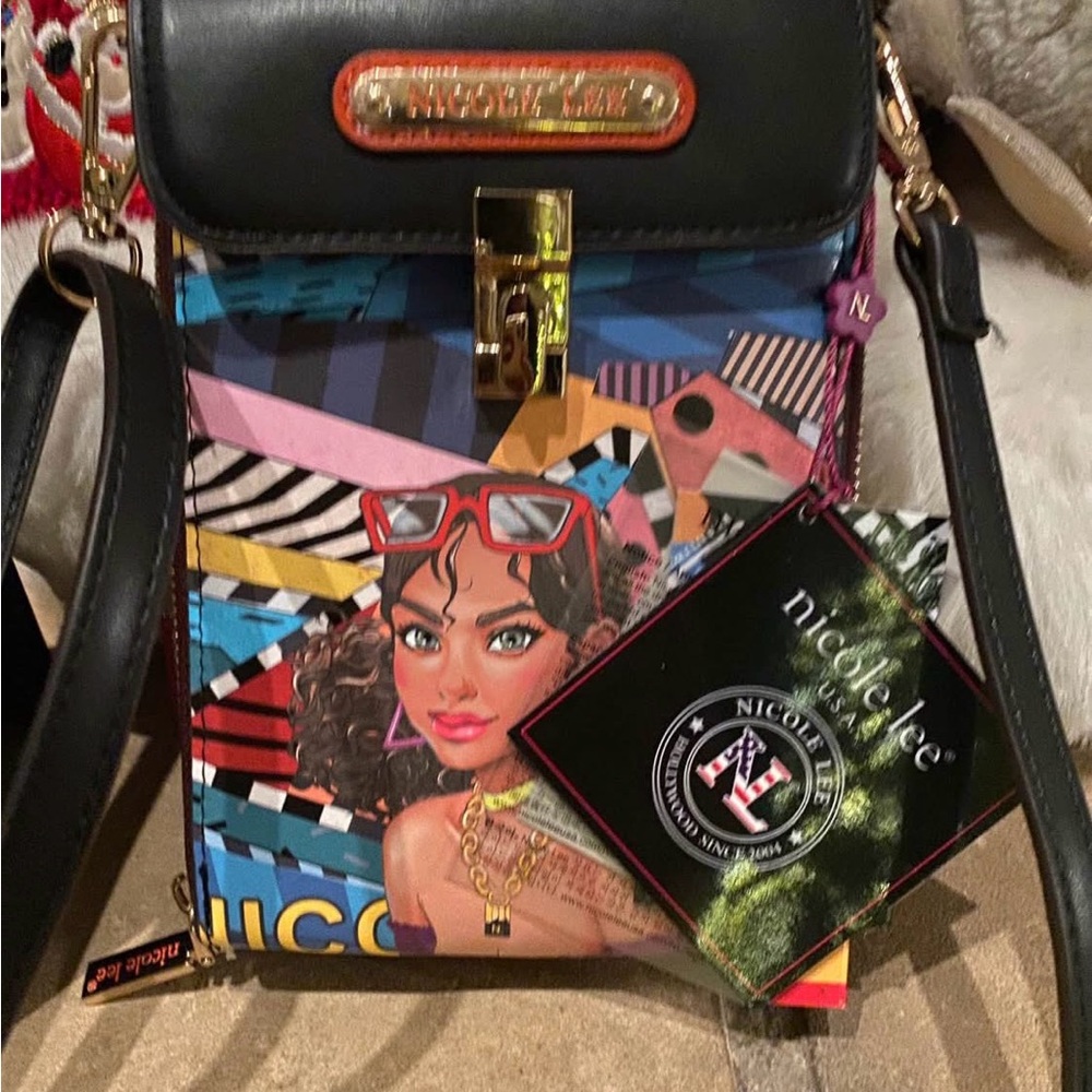 Nicole Lee Black and Multicolor Graphic Crossbody Bag. Brand New